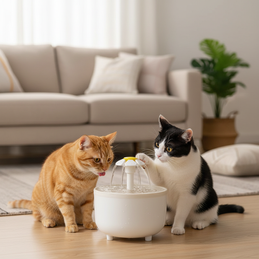 Two cats sharing daisy pet water fountain